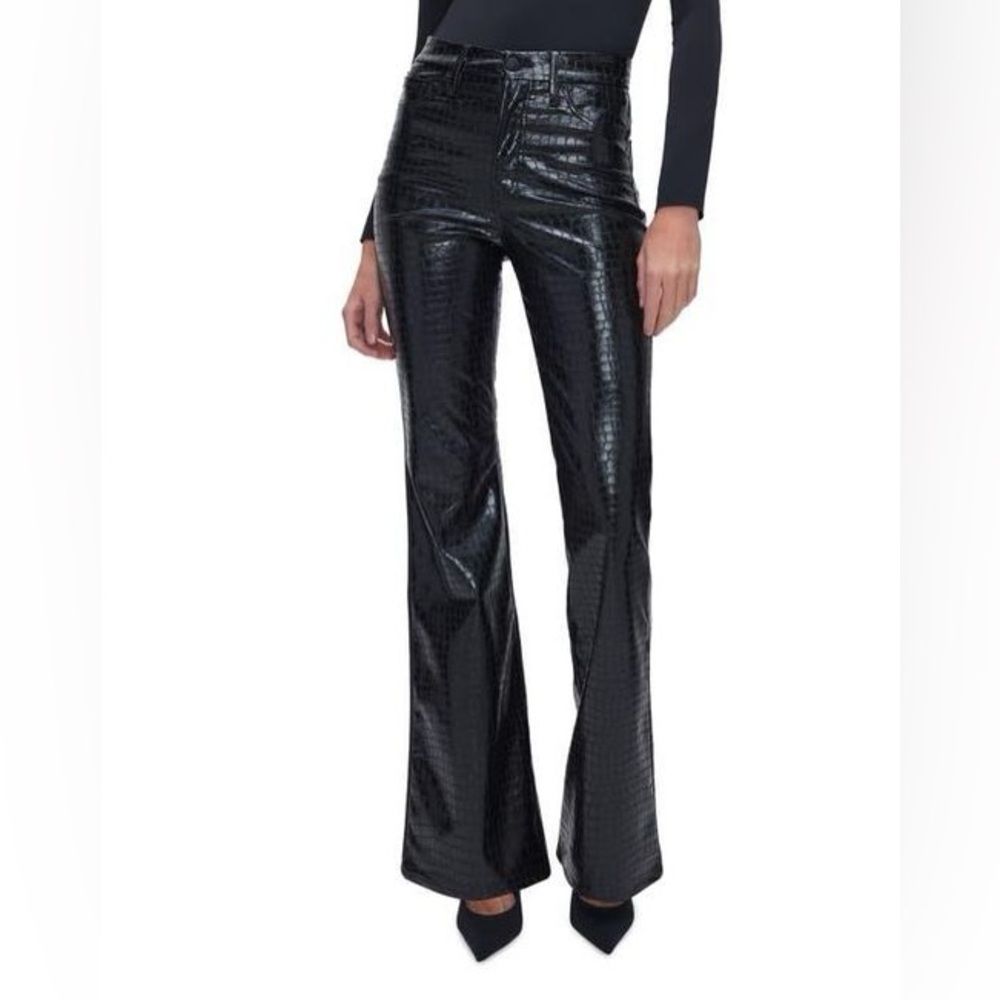 Good American: Women's Black Good Legs Croc Embossed Faux Leather Flare Pants